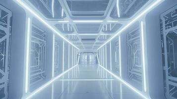 Inside narrow abstract bright white Tron corridor with square shapes with windows to an unknown planet, science fiction, glass, arch viz, and modern architecture, generate ai photo