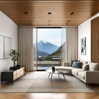 Japandi living room interior with beautiful mountain view photo