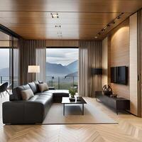 Japandi living room interior with beautiful mountain view photo