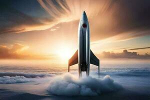 Rocket taking off in the clouds. 3D render. Conceptual image.AI Generate photo