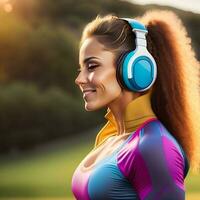 Young female joger is runing and listening to music during the run,ai generator photo