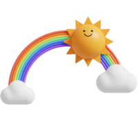 3d sole personaggio con nube e arcobaleno.felice sole. 3d rendere illustrazione. png