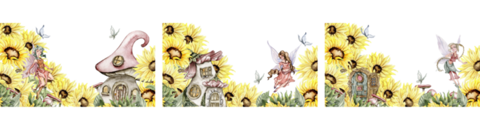 Aquarell Hand gezeichnet Frühling Garten voll von Sonnenblumen Platz Rahmen . Aquarell Illustration zum Scrapbooking.Cartoon Hand gezeichnet Hintergrund mit Blume zum Kinder design.perfekt zum Hochzeit Einladung. png