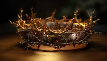 Close up of crown of thorns with shining light with dark background. and religion concept photo