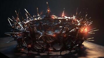 Close up of crown of thorns with shining light with dark background. AI generative and religion concept. Copy space. photo