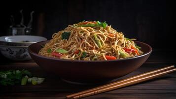 Chow Mein, fried noodles with chicken and vegetables. horizontal view from above, photo