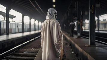 Rear view of a walking African woman on the railway station before her trip between two highway trains waiting for departure on the platform indoors of a railroad depot, photo