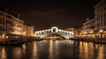 rialto puente, ver de Venecia grandioso canal con gandola. arquitectura y puntos de referencia de Venecia. generativo ai foto