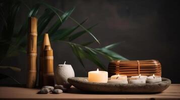 Spa still life with stacked of stone,burning candle and bamboo leaf, generative ai photo