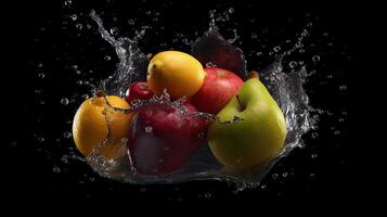 Water splash, fruit on a black background apple,orange and peach, photo