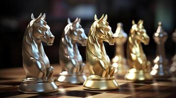 Golden chess unicorn with silver pawns, photo