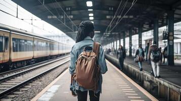 un caminando africano mujer en el ferrocarril estación antes de su viaje Entre dos autopista trenes esperando para salida en el plataforma adentro de un ferrocarril deposito, generativo ai foto