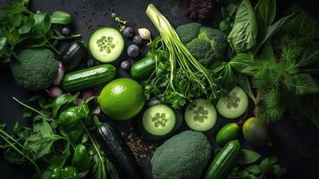 Raw healthy food clean eating vegetables, cucumber, alfalfa, zucchini, spinach, basil, green peas, dill, parsley, avocado, broccoli, lime on dark stone background, Generative ai photo