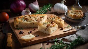 Board with tasty Italian focaccia, onion, spices and knife on light wooden background, photo