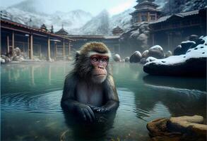 monkey swims in a hot spring in asia. photo