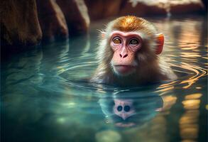 monkey swims in a hot spring in asia. photo