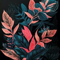 bright bouquet of blue and coral-pink tropical leaves on a black background, art, design, AI photo