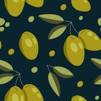 Vector seamless pattern with green olives on dark. Background design for olive oil, natural cosmetics..