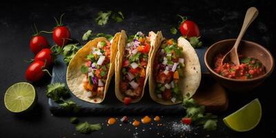 The Mexican Tacos on the wood plate with . photo