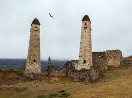 batalla torres erzi en el jeyrah garganta. medieval torre complejo erzi, uno de el mas grande medieval tipo castillo torre pueblos, situado en el extremidad de el montaña rango en ingushetia, Rusia. foto