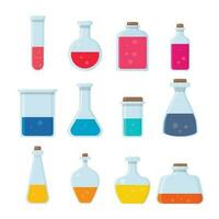 Potion bottle icons set.Scientific Research, Chemical Experiment.Flat design vector illustration concept of science.