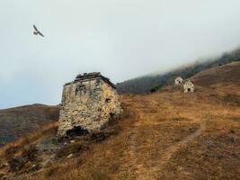 A hiking trail uphill through ancient family crypts, a misty mystical landscape. Old Erzi tower complex in the Jeyrah gorge, located on the extremity of the mountain range in Ingushetia, Russia. photo