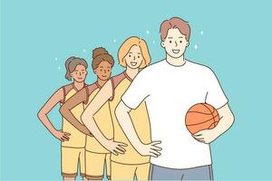 trabajo en equipo, deporte, baloncesto, retrato concepto. equipo de joven contento sonriente multiétnico mujer muchachas estudiantes adolescentes jugadores atletas en pie juntos con hombre chico entrenador personaje mirando a cámara. vector