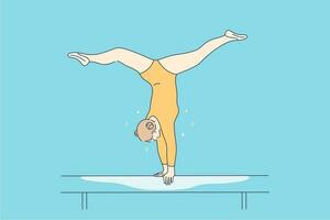 deporte, rendimiento, gimnasia concepto. joven profesional mujer niña gimnasta dibujos animados personaje mano en pie en equilibrar haz equilibrio en torneo. activo estilo de vida y flexibilidad ilustración. vector