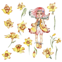 Narcissus, watercolor flower set with fary girl. Hand drawn illustration. Summer yellow garden. Designf for baby shower party, birthday, cake, holiday celebration design, greetings card, invitation. png