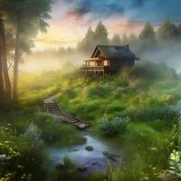 A solovay forest river low dlouds a lot of greenery grass, Nature Photography. photo