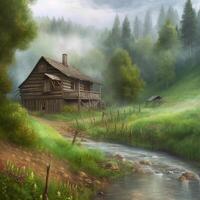 A solovay forest river low dlouds a lot of greenery grass, Nature Photography. photo