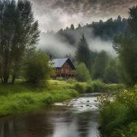 A solovay forest river low dlouds a lot of greenery grass, Nature Photography. photo