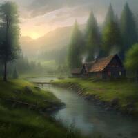 A solovay forest river low dlouds a lot of greenery grass, Nature Photography. photo