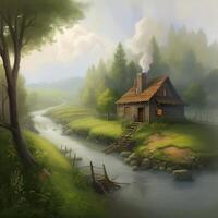 A solovay forest river low dlouds a lot of greenery grass, Nature Photography. photo