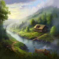 A solovay forest river low dlouds a lot of greenery grass, Nature Photography. photo