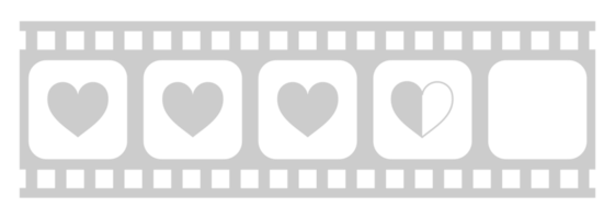 hjärta form i de filmremsa silhuett, film tecken för romantisk eller roman eller valentine serier, kärlek eller tycka om betyg nivå ikon symbol för romantik film berättelse. betyg 3,5. formatera png