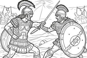 Medieval battle scene with cavalry and infantry. Black and white illustration.coloring Book page. photo