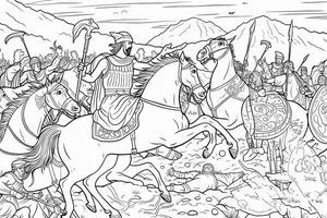 Medieval battle scene with cavalry and infantry. Black and white illustration.coloring Book page. photo