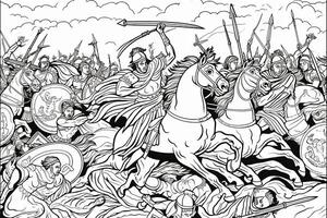 medieval batalla escena con caballería y infantería. negro y blanco vector ilustracion.colorear libro página.generativa ai foto