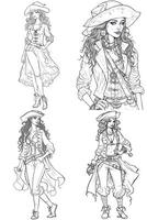 Pirate girls. Set of black and white illustrations for coloring book.. photo