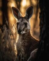 retrato de un canguro a puesta de sol en el australiano arbusto.generativo ai foto