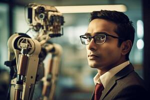 un hombre en un traje soportes en frente de un robot creado con generativo ai tecnología foto
