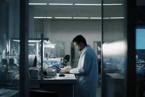 A man in a lab coat stands at a desk in front of a glass wall created with Technology photo