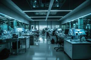 A team of AI researchers is working diligently in a brightly lit laboratory photo