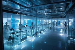A team of AI researchers is working diligently in a brightly lit laboratory photo