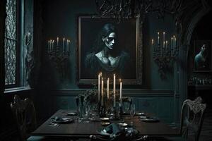 ai generado oscuro gótico comida habitaciones. decadente decoración inspiración foto