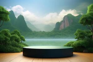 Display podium for product presentation in front of a nature landscapepe with photo