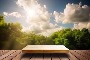 Display podium for product presentation in front of a nature landscapepe with photo