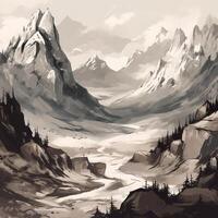 negro y blanco pintura montañas ilustración de generado ai negro y blanco pintura montañas foto