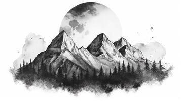 Mountain range black and white, pencil illustration of mountain range black and white, pencil photo